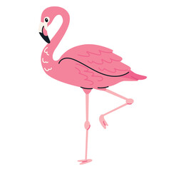 Fototapeta premium Cute pink flamingo standing on one leg. Tropical exotic bird in trendy cartoon flat style isolated on white background.