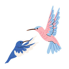 Fototapeta premium Cute hummingbirds flying in tropical style. Small exotic birds with pastel wings in cartoon flat vector illustration isolated on white background.