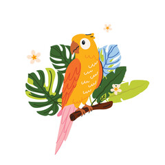 Fototapeta premium Cute tropical parrot sitting on tree branch with jungle leaves. Exotic jungle bird in colorful cartoon flat style. Hand drawn vector illustration isolated on white background.