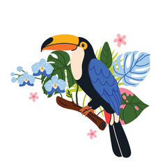 Obraz premium Colorful toucan with large beak in tropical cartoon style sitting on branch with jungle leaves. Exotic jungle bird vector illustration isolated on white background.