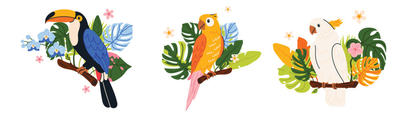 Fototapeta premium Set of cute tropical birds sitting on tree branch with jungle leaves. Exotic jungle birds in colorful cartoon flat style. Hand drawn vector illustration isolated on white background.