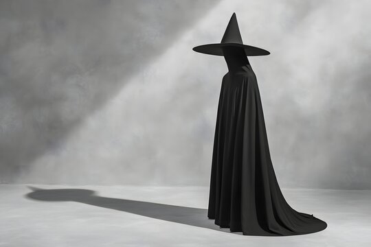 A grayscale photograph showcases a shadowy figure adorned with a distinctively shaped, dark hat that comes to a sharp point at the top and features a wide