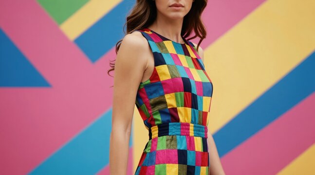 Woman wears colorful patchwork dress. She poses in front of bright geometric mural. Her outfit is bold and fashionable. Background is vibrant and modern.