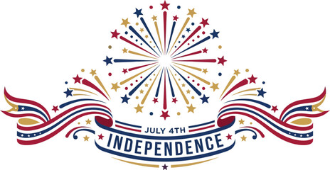 Fototapeta premium Independence day celebration emblem features bright fireworks and ribbons.