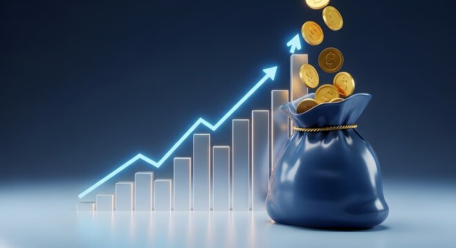 Gold coins growing on rising financial chart with blue piggy bank for investment savings