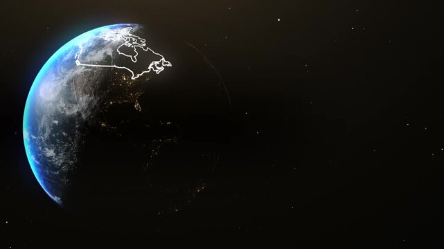 Glowing outline of the Canada on planet Earth in space