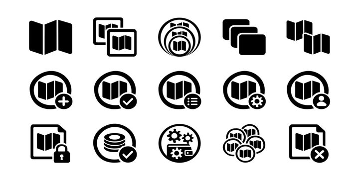 Minimal map and navigation icon set in black glyph style. Collection of location, route, folder, settings, security, and navigation symbols isolated on white background.