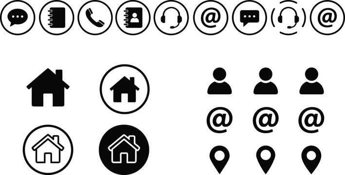 Communication icon collection, contact symbol set, phone and email pictograms, black vector art, home and location design, modern interface pattern