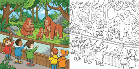 Fototapeta premium children watching gorilla family visiting zoo cartoon clipart and lineart print vector illustration for coloring book