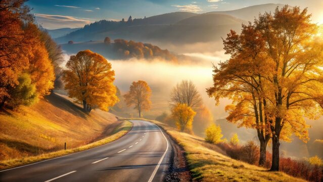 Autumnal Road Winding Through Misty Hills with Golden Trees