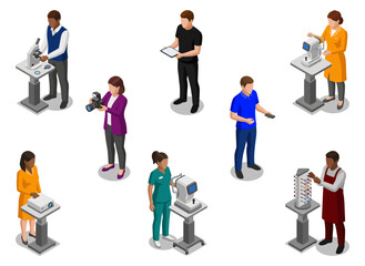 Optometry and eyecare staff with medical equipment   Isometric vector character set of ophthalmologists, opticians, and vision doctors © Stocklume