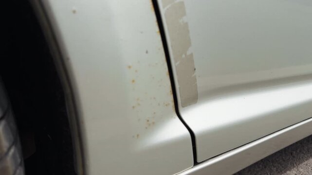 Corrosion and paint chipping observed. Rust stain near wheel with deteriorated paint and corrosion visible
