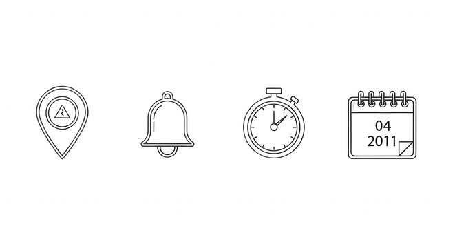 Set of four white outline featuring a map location pin, a notification bell, a stopwatch timer, and a calendar page on black