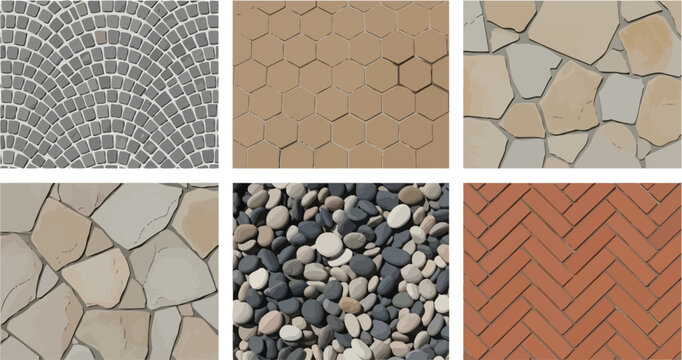 Collection of outdoor paving textures including cobblestone fan, hexagonal tiles, flagstone, smooth pebbles, and herringbone brick patterns for architectural design.