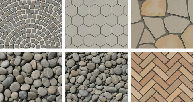 Collection of six stone and tile paving patterns including cobblestone, hexagon, flagstone, pebbles, and herringbone brick vector textures.