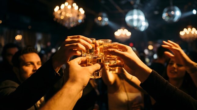 Friends clinking whiskey glasses in a bar, celebrating a special occasion with a toast