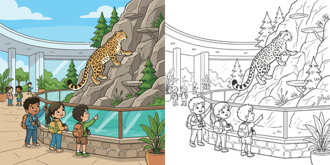 children observing snow leopard visiting zoo cartoon clipart and lineart print vector illustration for coloring book © Avijit