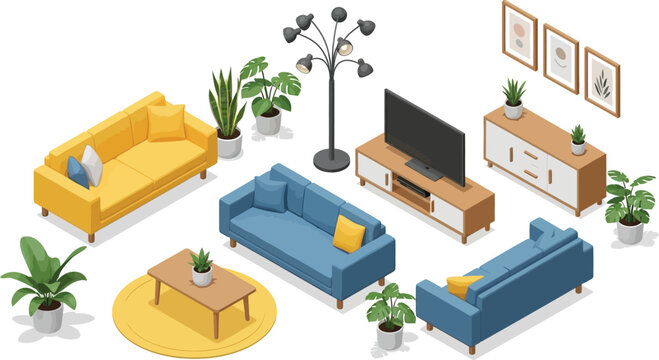 Isometric living room furniture set with yellow and blue sofas television stand floor lamp and potted plants vector illustration