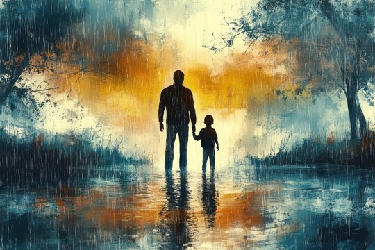 Parent shielding child in rain, pastel illustration, countryside