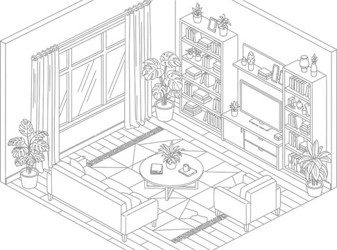 Isometric living room interior line art vector featuring sofa armchair coffee table bookshelves and indoor plants for coloring book