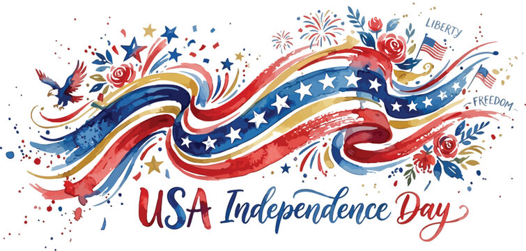 Independence Day celebration art features a bald eagle and patriotic ribbons.