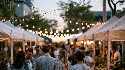 Naklejka premium Wide shot of crowded summer outdoor food market at twilight blue hour, vendor tent lights illuminating produce, community commerce atmosphere, urban farmers market lifestyle, July evening cultural e