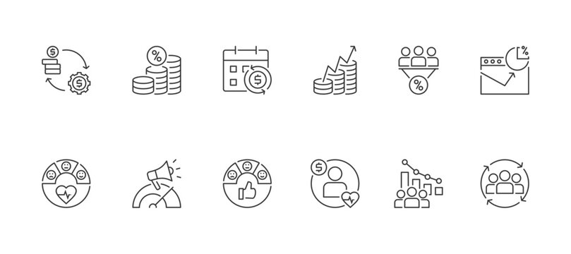 Success Metrics of Business icon set containing break even point (BEP), net profit margin, MRR, ROI, conversion rate, bounce rate, customer health score, NPS, CSAT and CLV vector icons