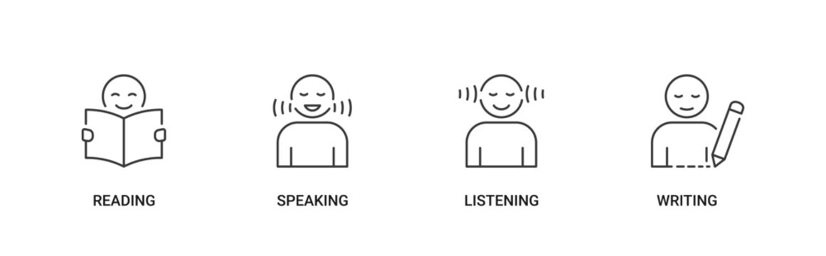 Basic Language Skills icon set containing reading, speaking, listening and writing vector icons