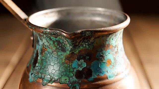 Close up of old copper cezve with patina and steam rising.