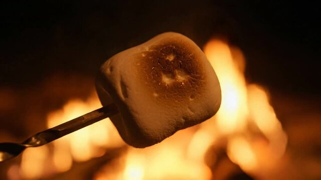 Marshmallow Roasting on Open Flame in Warm Cozy Night