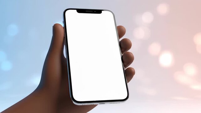 Hand holding smartphone with blank white screen for app mockup and ui presentation, soft bokeh background, tech concept