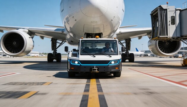 Positioning tow tractor and widebody nose on apron aligned to yellow centerline, driver in dark top