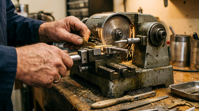Locksmith cutting a metal key on vintage workshop machine with sparks and skilled hands in industrial craft repair service