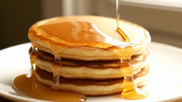 Stacking Pancakes in Bright Kitchen Drizzling Syrup