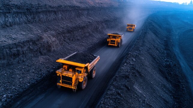 Aerial view of large yellow dump trucks transporting coal through a deep excavation site