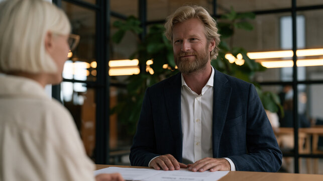Entry-level employee practicing salary negotiation with a mentor in a glass-fronted meeting room, one seated and one standing, printed salary benchmarking report on table, professional coaching cult