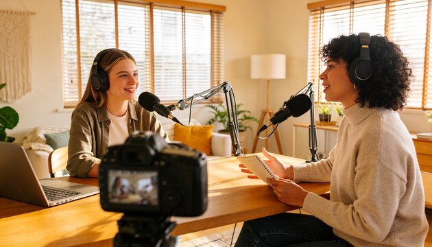 Recording cohosts wearing olive top, tan sweater, talking and gesturing at home with mics, notebook