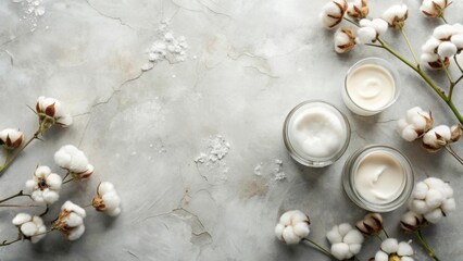 Obraz premium Serene Spa Setting Luxurious Creams and Delicate Cotton Blooms on a Textured Surface
