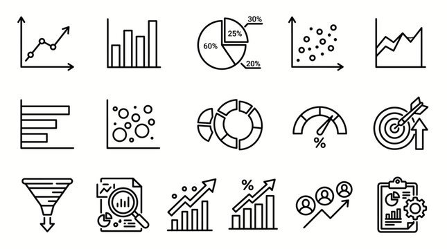 Data analytics and business chart icon set in minimalist line art. Features pie charts, bar graphs, scatter plots, growth trends, sales funnel, and KPI dashboard elements. Vector outline.