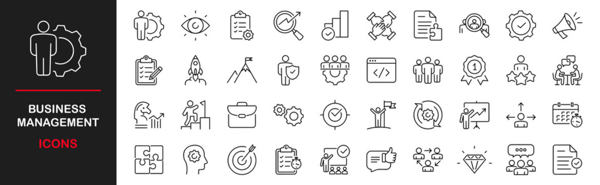 Business management icons set. Contains such Icons as businessman, career, human resources, employee, strategy, communication and more. Vector illustration