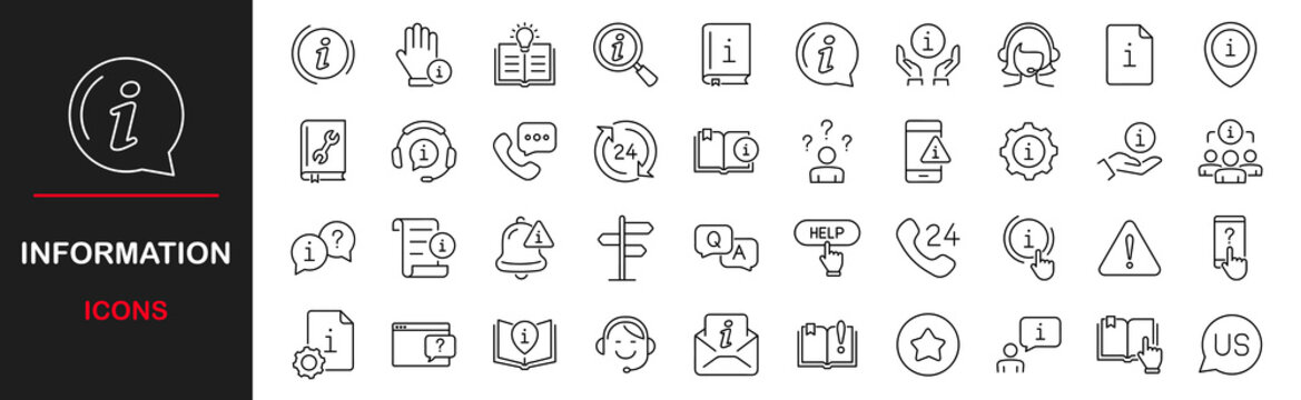 Information icon set. Contains such icons as call center, faq chat bubbles, Info help desk icons, question mark, search information, customer help service, manual, rule, instruction and more