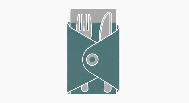 A napkin wrapped set of silverware on a table setting indoors appears ready