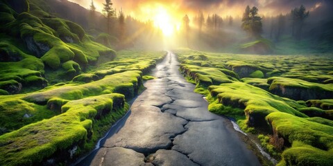 Naklejka premium A sunlit path meanders through a vibrant landscape of lush green moss-covered hills and rocky terrain, bathed in the golden light of a picturesque sunrise.