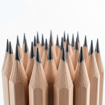 A close-up view of freshly sharpened wooden pencils arranged tightly together, highlighting the extremely sharp lead tips and smooth wood grain texture, grouping, stationery, pointed
