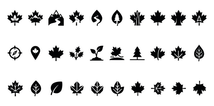 Collection of silhouette icons featuring leaves trees and navigation symbols