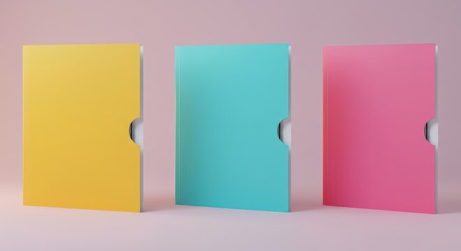 A set of three colorful presentation folders, blank for mockup purposes. They showcase organization, design, and corporate stationery, business, marketing, document