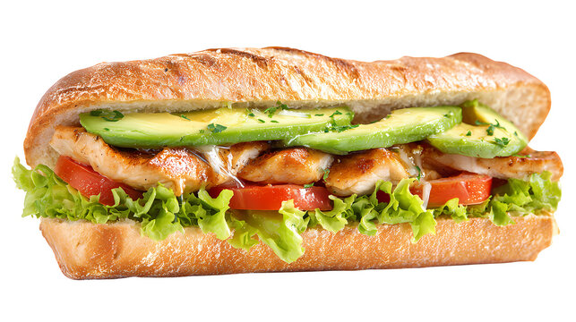 Chicken and avocado sandwich with lettuce and tomato on baguette bread, healthy fast food meal.