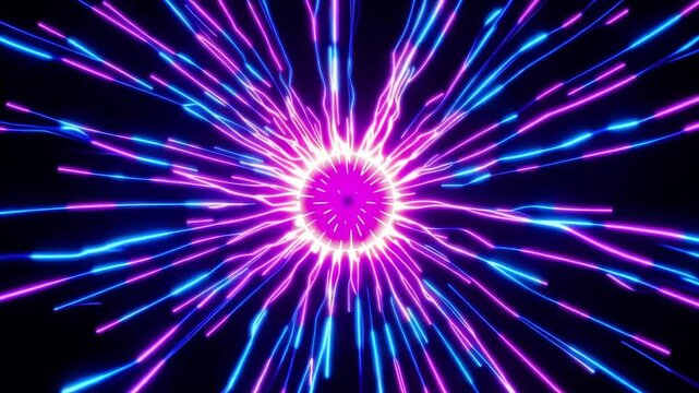 Abstract purple cosmic background with glowing colorful lights, fractal star patterns, energy and space texture 4k animation background video