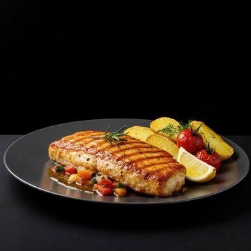 Delicioso prato principal de frango assado inteiro, dourado e suculento, servido com batatas r&uacute;sticas e arom&aacute;ticas com alecrim e tomilho, isolado, culin&aacute;ria, jantar, batata