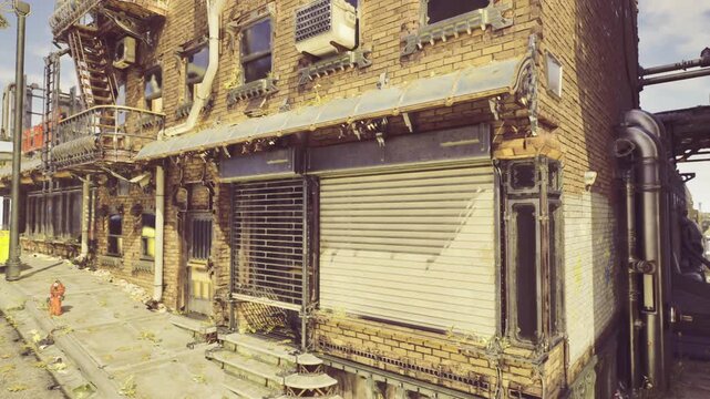 storefront canopy with service windows and iron stairs above, worn signage area and textured brick, evocative urban storefront study for background or commerce